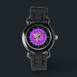 Atomic Symbol on a Pink background Watch<br><div class="desc">Science themed image. A circular shaped image with the symbol of the atom inside. A pink background contrasts with the black symbol. A purple border with white stars circles around the illustration. A funky image for geeks and science buffs.</div>
