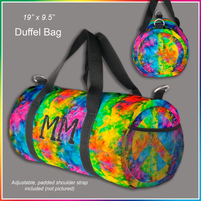 [Atomic Tie-Dye] Fractal Peace Sign Monogram  Duffle Bag (A blaze of vibrant color you can customize to make this bag truly unique to you. )