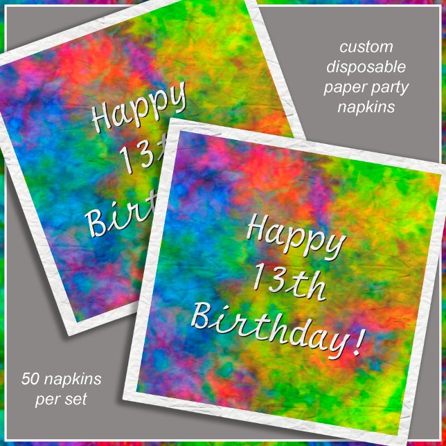 [Atomic Tie-Dye] Psychedelic Rainbow Colors Paper Napkins (Customize the text for your event. )