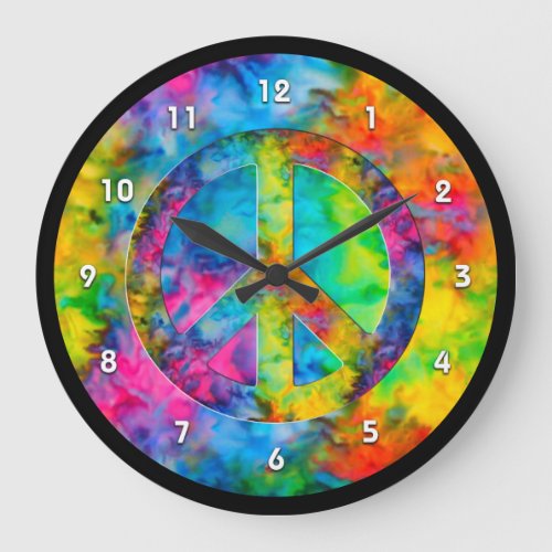 Atomic Tie_Dye Rainbow Colors Peace Sign Symbol  Large Clock
