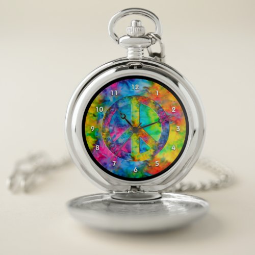 Atomic Tie_Dye Rainbow Colors Peace Sign Symbol Pocket Watch