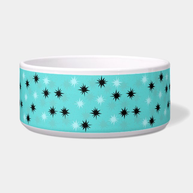Atomic Turquoise Starbursts Ceramic Pet Bowl (Front)