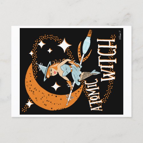 Atomic Witch Retro Vintage Pinup Girl Halloween Postcard