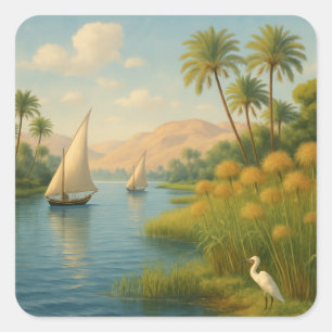ATranquil Nile River Palm Trees Landscape Square Sticker