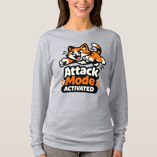 Attack Mode Activated – Energetic Pouncing Cat T-Shirt (Front)