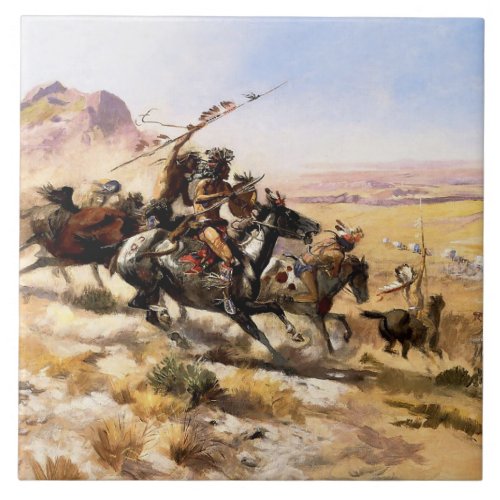 âœAttack on a Wagon Trainâ by Charles M Russell Ceramic Tile