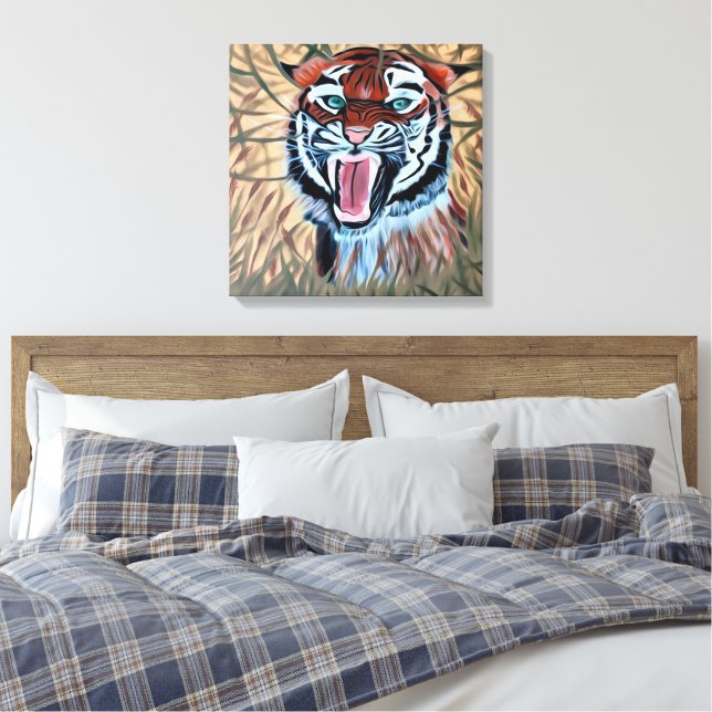 Attacking tiger hand painted on canvas  print (Insitu(Bedroom))