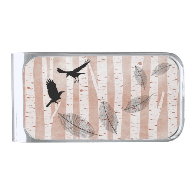 Attempted Murder of Crows in White Birch Forest Silver Finish Money Clip (Front)