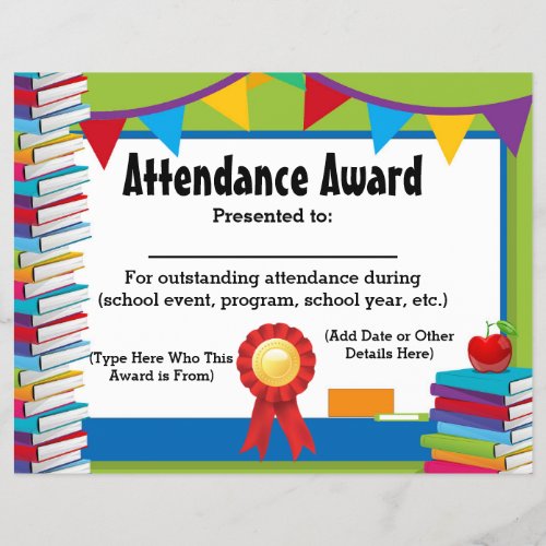 Attendance Award Certificate Customizable 85x11
