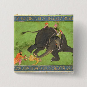 Attendants rescue a fallen man from an enraged ele pinback button