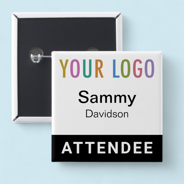 Attendee Name Badge with Logo Black Pinback Square Button (MISOOK Attendee Black Name Button with Logo)