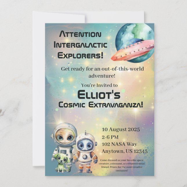 Attention Intergalactic Birthday Invitations (Front)