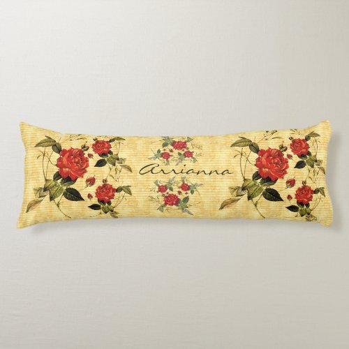 Attic Treasures _ Red Roses on Yellow Stripes Body Pillow