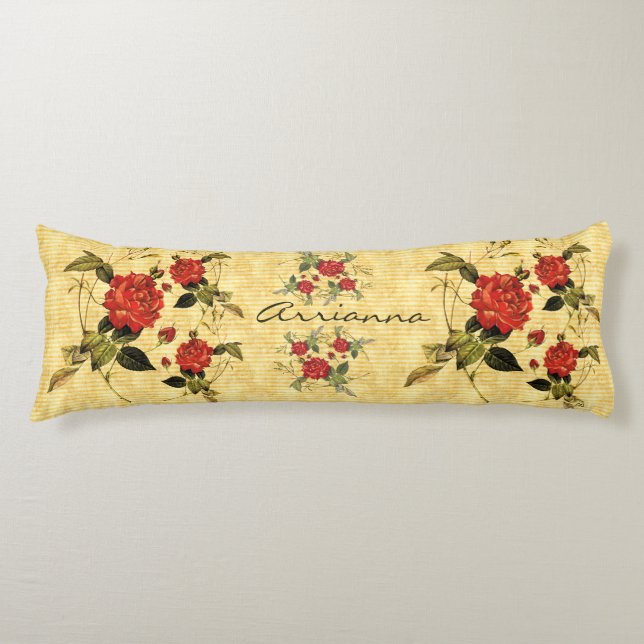Attic Treasures - Red Roses on Yellow Stripes Body Pillow (Front)