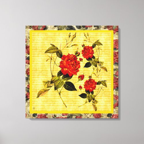 Attic Treasures _ Red Roses on Yellow Stripes Canvas Print