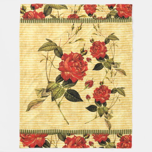Attic Treasures _ Red Roses on Yellow Stripes Fleece Blanket