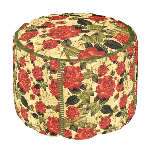 Attic Treasures _ Red Roses on Yellow Stripes Pouf