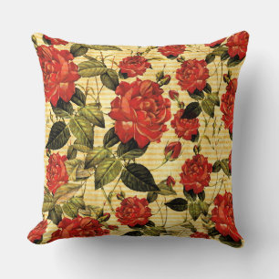 Attic Treasures - Red Roses on Yellow Stripes Throw Pillow