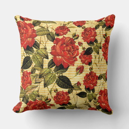 Attic Treasures _ Red Roses on Yellow Stripes Throw Pillow