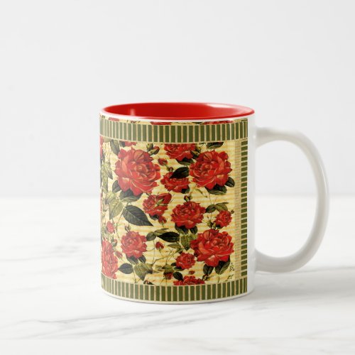 Attic Treasures _ Red Roses on Yellow Stripes Two_Tone Coffee Mug