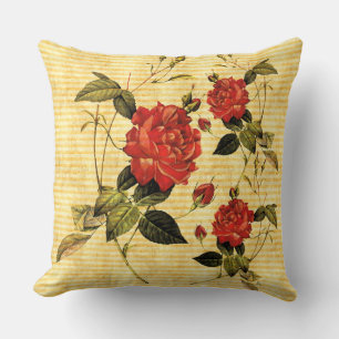 Attic Treasures - Red Roses on Yellow Stripes - v2 Throw Pillow