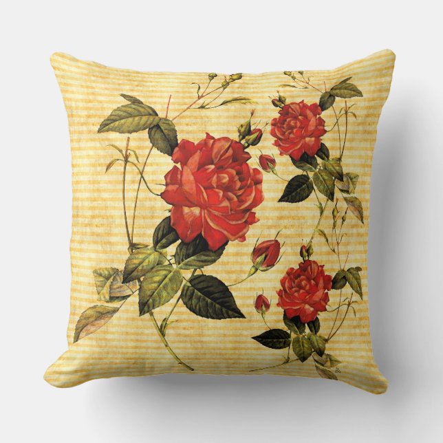 Attic Treasures - Red Roses on Yellow Stripes - v2 Throw Pillow (Front)