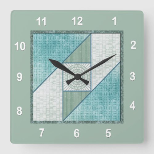 Attic Window Quilt Block in Blue  Green Square Wall Clock