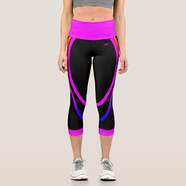Attoni Pink Side Stripes Jet Black High Waisted Capri Leggings (Front)