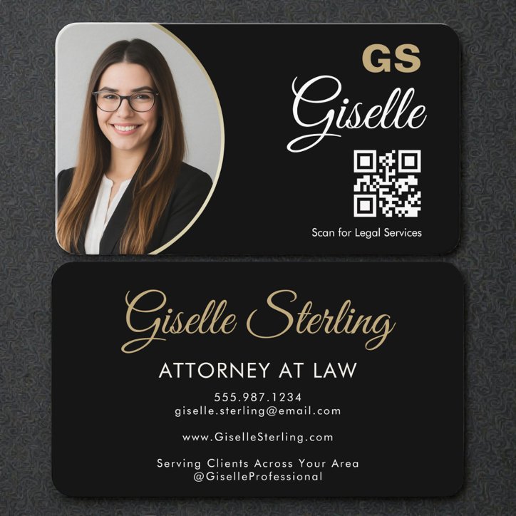 Attorney At Law Black QR Code Gold Photo Business Card