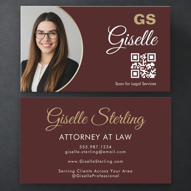 Attorney at Law Burgundy Gold Photo QR Code  Business Card (Creator Uploaded)
