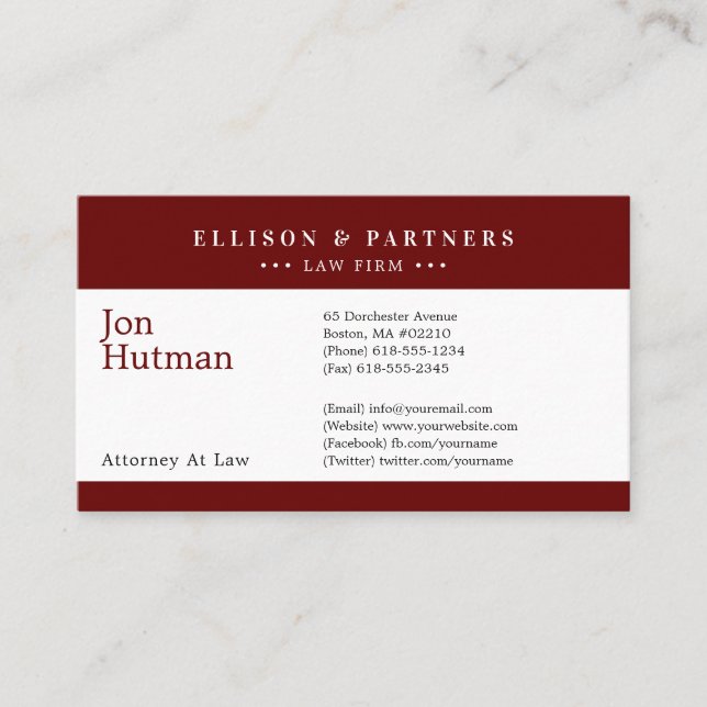 Attorney at Law | Elegant Plain Dark Red Business Card (Front)