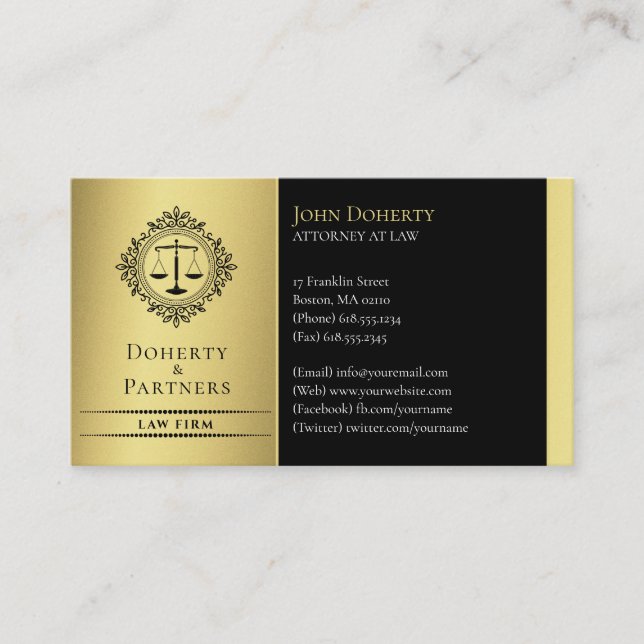 Attorney at Law | Elegant Scales Black Gold Business Card (Front)