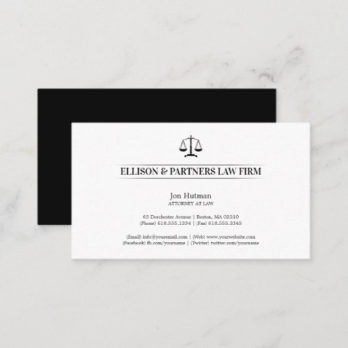 Attorney at Law  Elegant Scales Black White Business Card