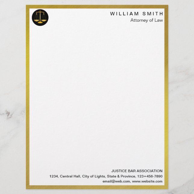 Attorney At Law Faux Gold Scale Lawyer Justice Letterhead (Front)