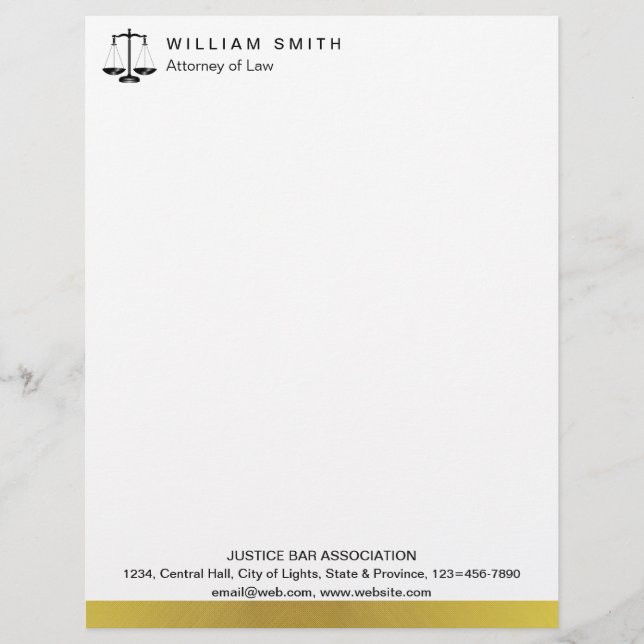 Attorney At Law Gold Metal Legal Scale Lawyer Letterhead (Front)