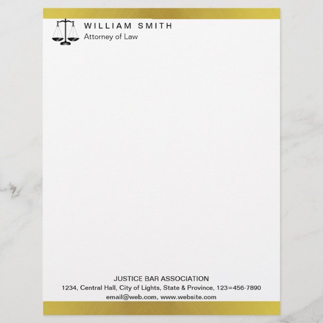 Attorney At Law Gold Metal Legal Scale Lawyer Letterhead (Front)