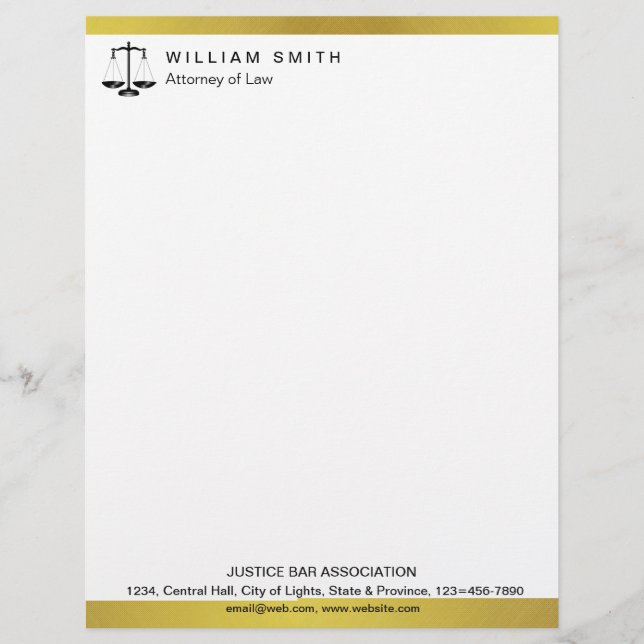 Attorney At Law Gold Metal Legal Scale Lawyer Letterhead (Front)