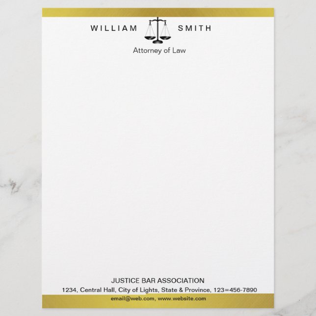 Attorney At Law Gold Metal Legal Scale Lawyer Letterhead (Front)