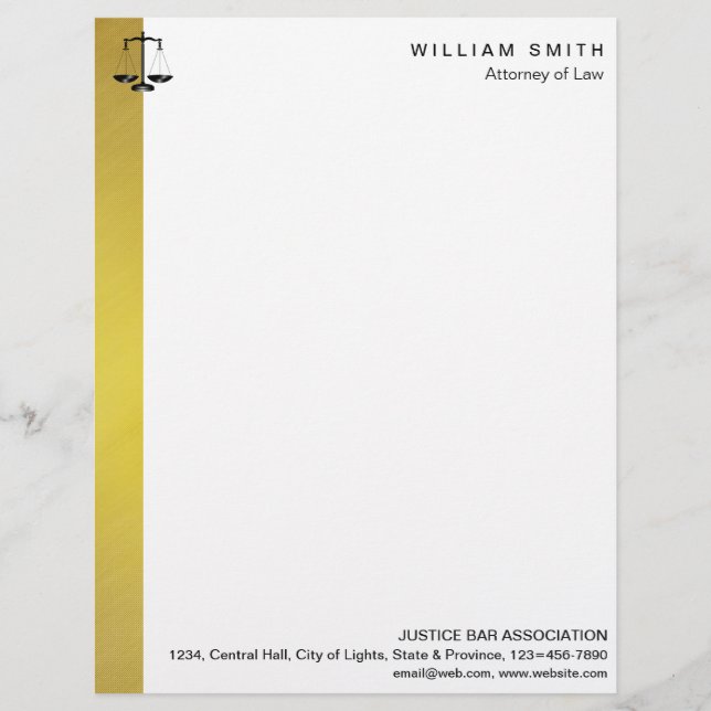 Attorney At Law Gold Metal Legal Scale Lawyer Letterhead (Front)