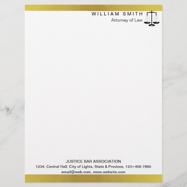 Attorney At Law Gold Metal Legal Scale Lawyer Letterhead (Front)