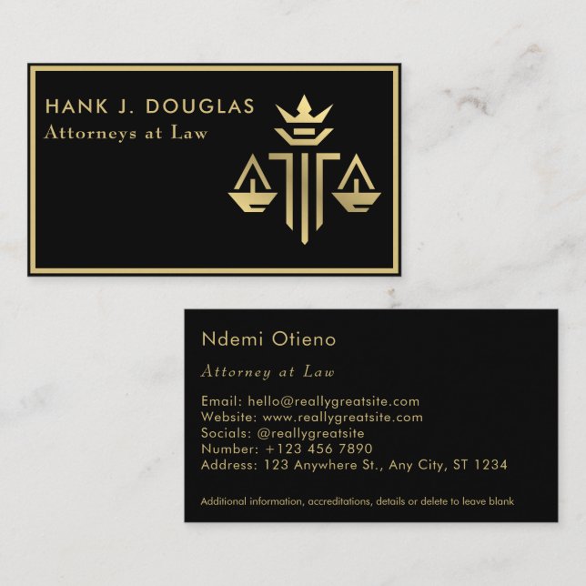 Attorney at Law Gold Scale Black Lawyer Business Card (Front/Back)