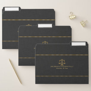 Attorney At Law-Gold Scale & Border On Black Linen File Folder