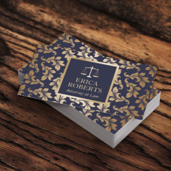 Attorney At Law Luxury Blue & Gold Damask Lawyer Business Card by cardfactory at Zazzle