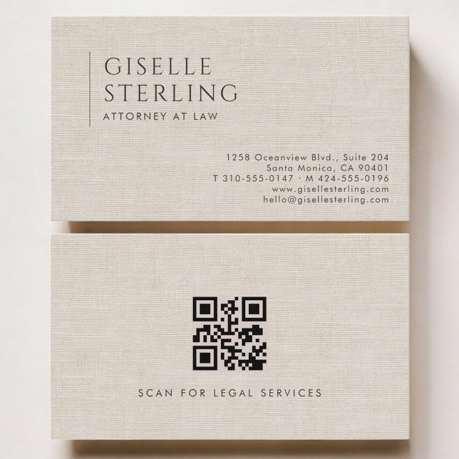 Attorney at Law Luxury Neutral Linen QR Code Business Card (Creator Uploaded)