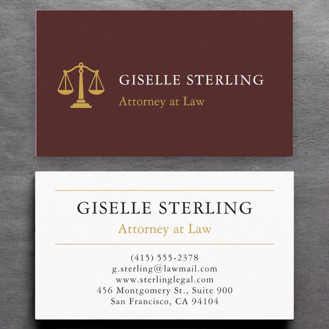 Attorney at Law Modern Burgundy Gold Professional Business Card (Creator Uploaded)