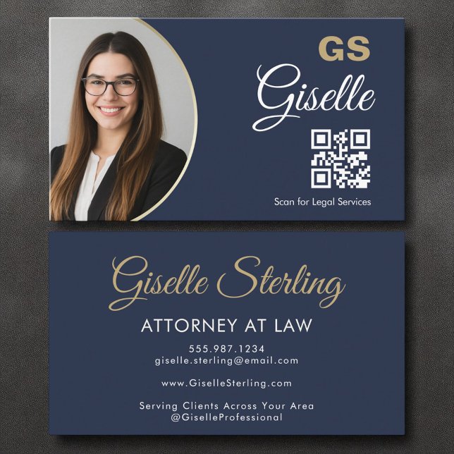 Attorney at Law Navy Blue Gold Photo QR Code  Business Card (Creator Uploaded)