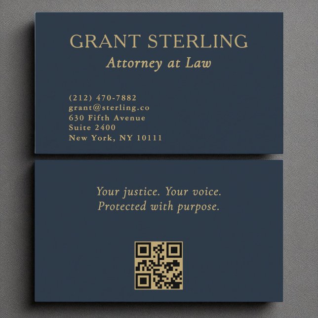 Attorney at Law Navy Blue Gold QR Code  Business Card (Creator Uploaded)