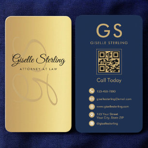 Attorney at Law Navy Blue Gold QR Code Monogram Business Card