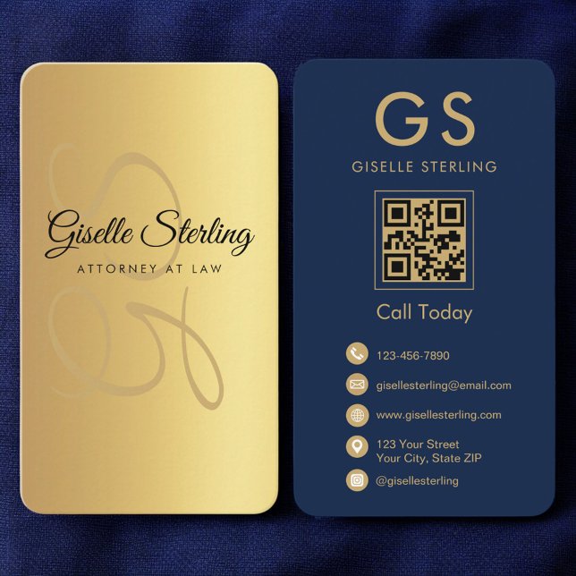 Attorney at Law Navy Blue Gold QR Code Monogram Business Card (Creator Uploaded)