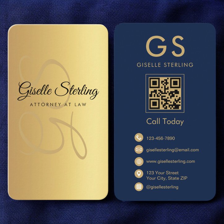 Attorney At Law Navy Blue Gold QR Code Monogram Business Card